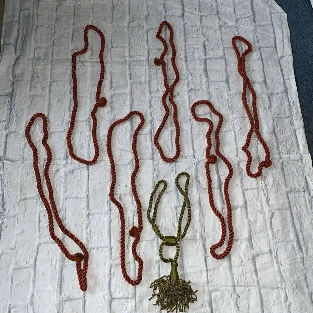 Vintage curtain satin rope ties burnt orange and olive green